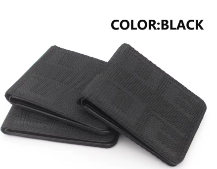 Black textured bi-fold wallet with multiple card slots.