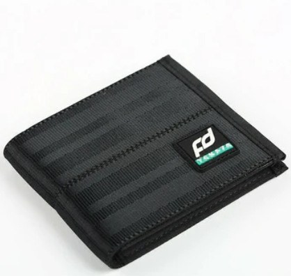 Black striped wallet with FD logo and green accents.