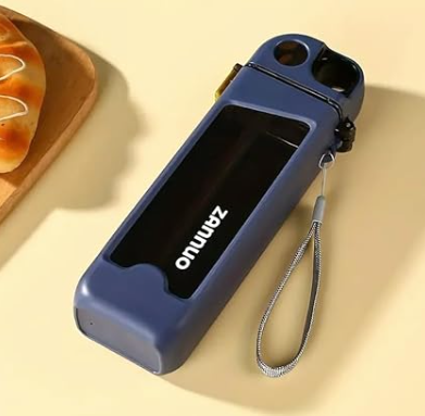 Blue Zanmo flashlight with wrist strap on wooden tray.