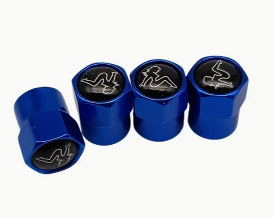 Blue car tire valve caps with bird logo, set of 4.