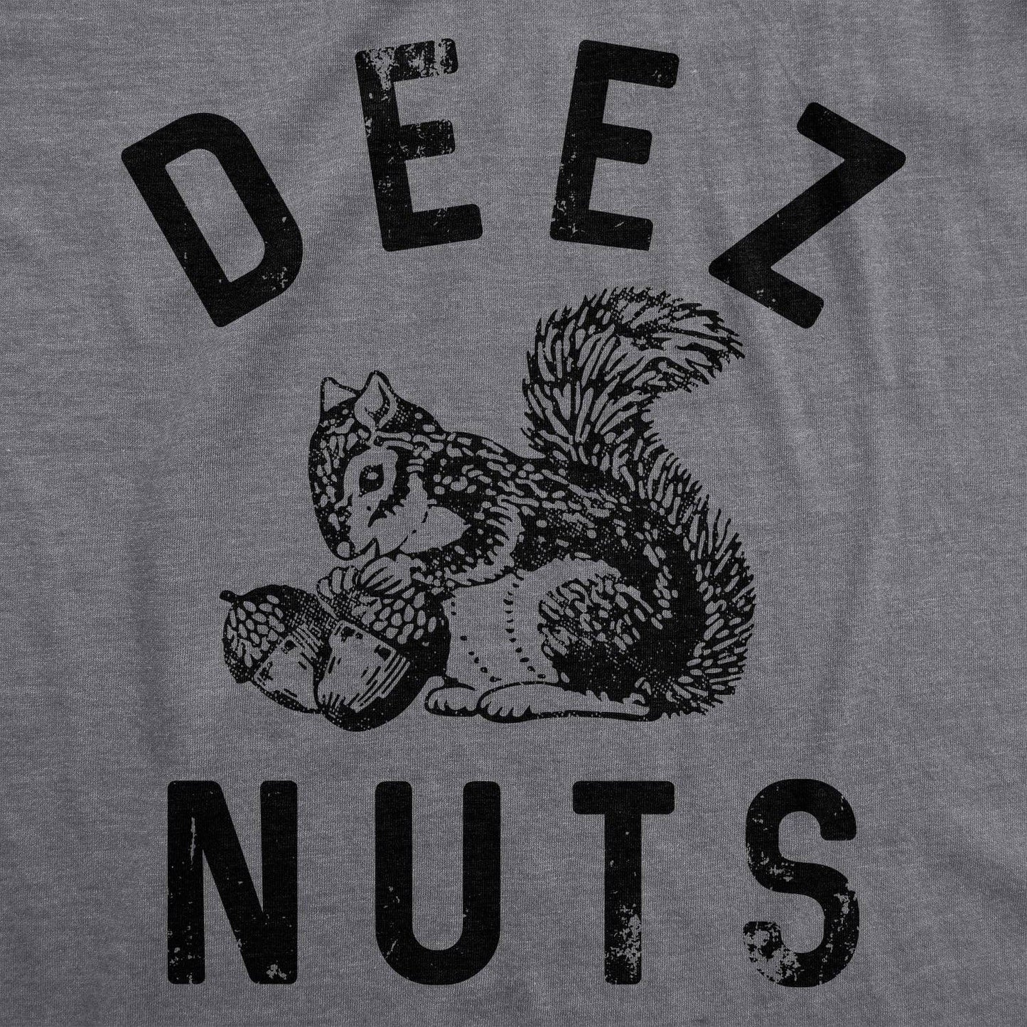 Vintage-style Deez Nuts t-shirt with squirrel holding acorns.