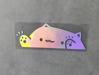 Holographic sticker featuring a cute cat and bird design.