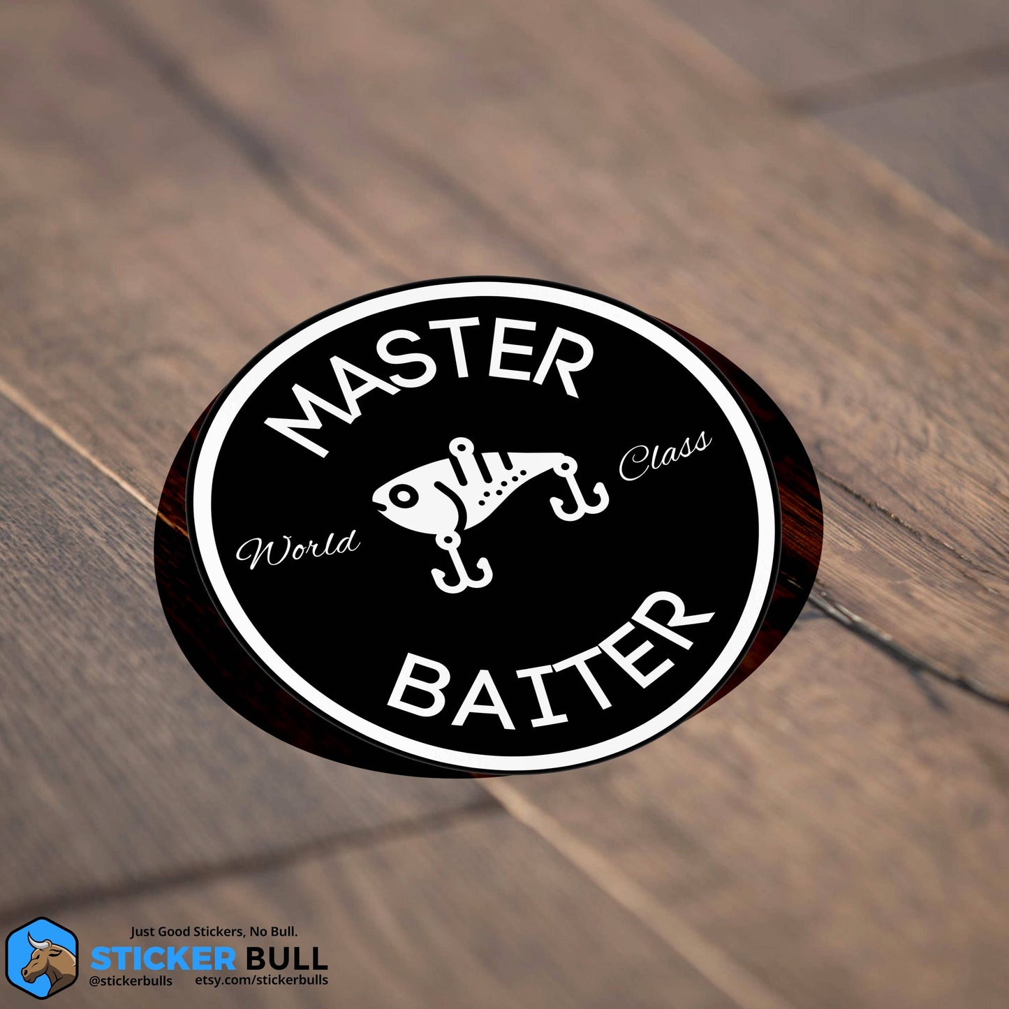 Black oval sticker with Master Baiter text and fishing lure graphic.