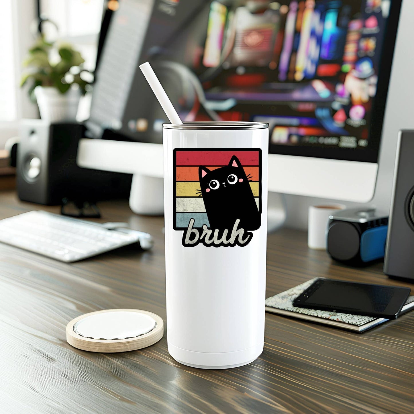 White tumbler with bruh and cat design on desk.
