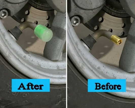 Green valve stem cap installed on tire after replacement.