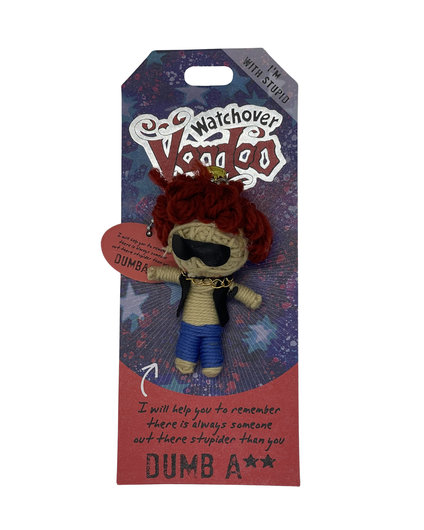 Red-haired voodoo doll with sunglasses on a package.