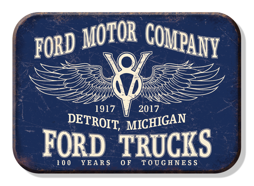 Vintage Ford Motor Company sign celebrating 100 years of trucks.