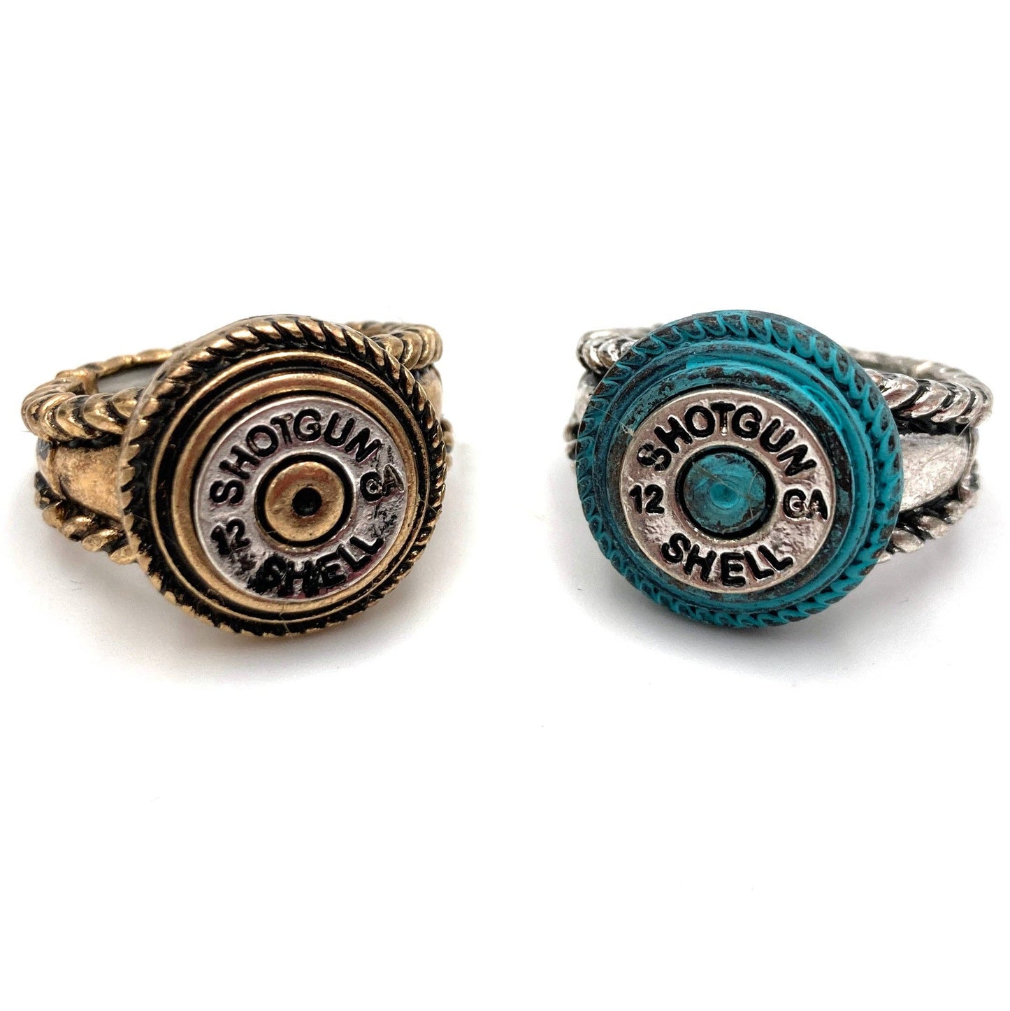 Vintage shotgun shell rings with gold and turquoise accents.