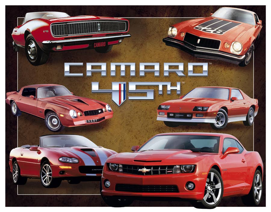 Six generations of Chevrolet Camaro cars in a collage.