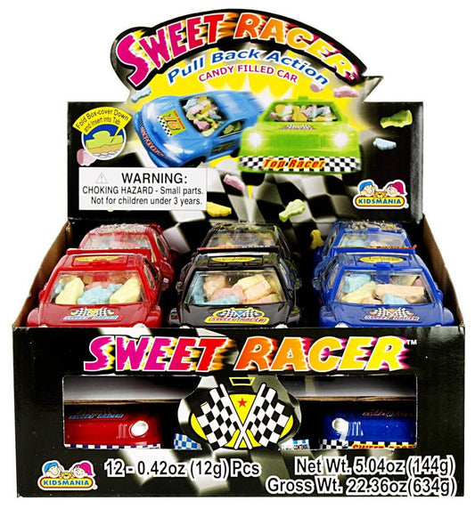 Sweet Racer candy-filled toy cars in a display box.