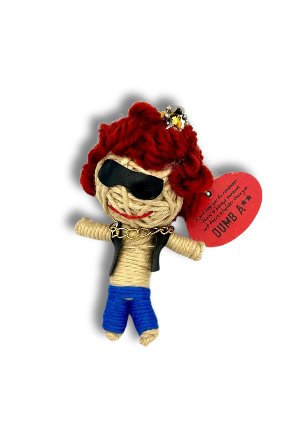 Yarn-wrapped figurine with red hair, sunglasses, and DUMB A tag.