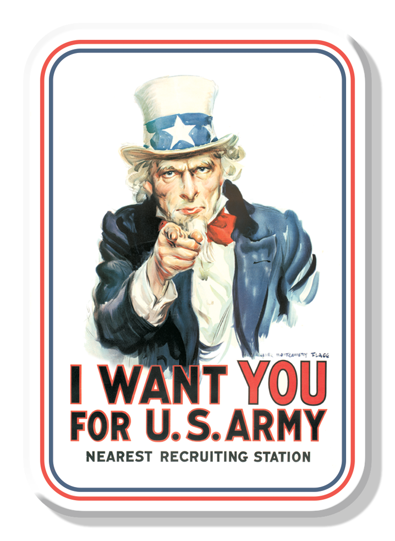 Uncle Sam pointing with I Want You for U.S. Army text below.