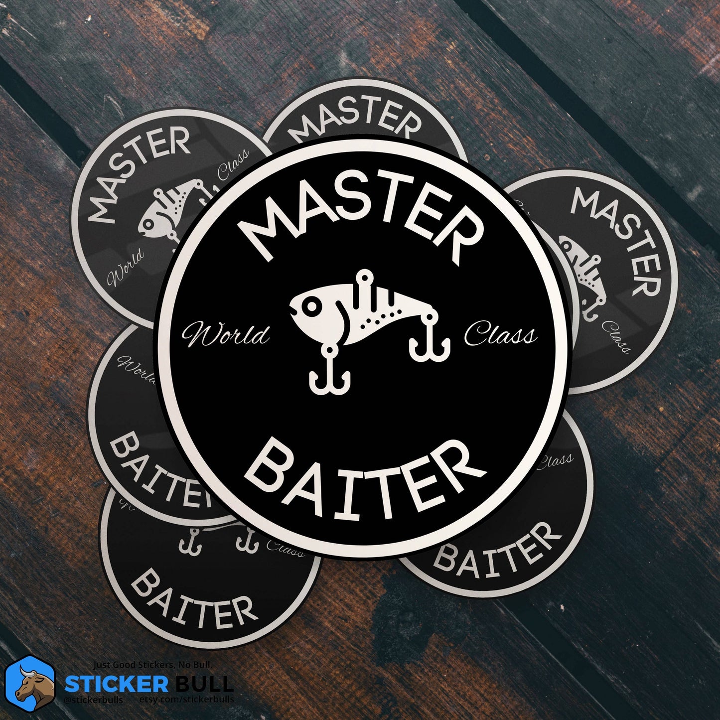 Master Baiter fishing sticker with lure design on black background.