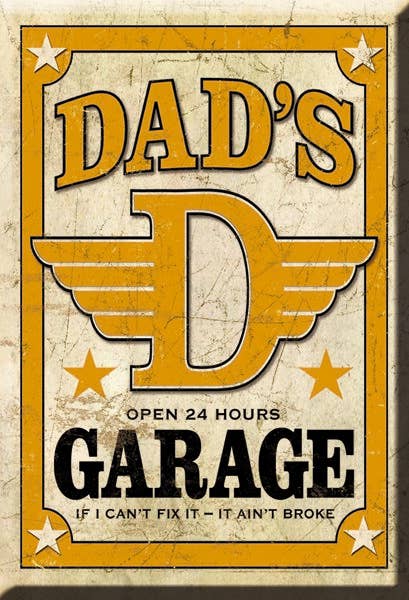Vintage-style Dads Garage sign with wings and stars.