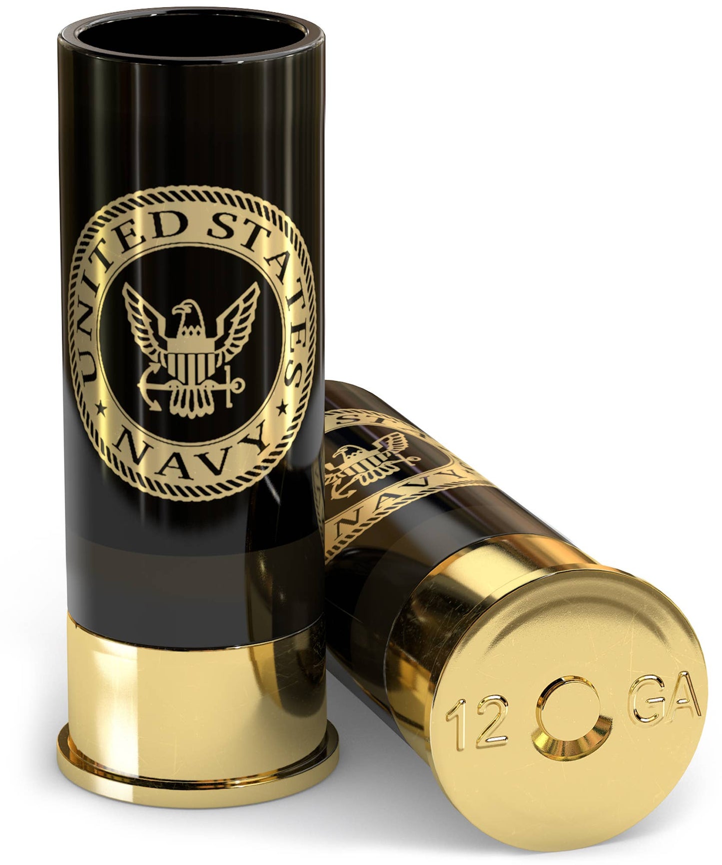 US Navy 12 GA shotgun shells with gold and black design.