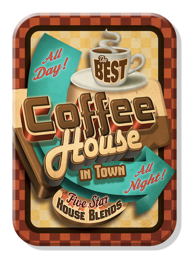 Vintage-style coffee shop sign with Coffee House and Five Star House Blends text.