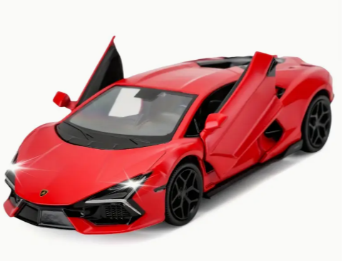 Red toy sports car with open doors and sleek design.