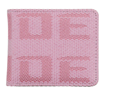 Pink woven wallet with LOEWE logo pattern.