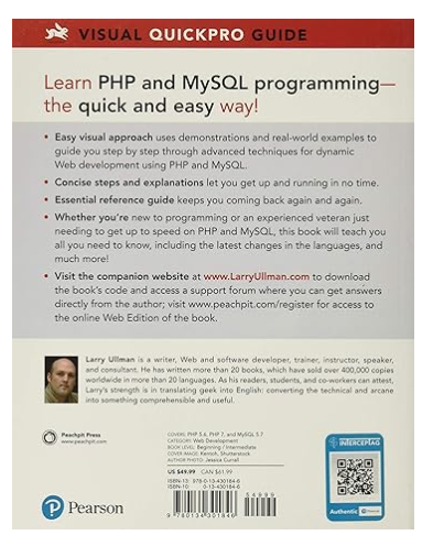 Back cover of PHP and MySQL Programming book by Larry Ullman, Pearson Press.