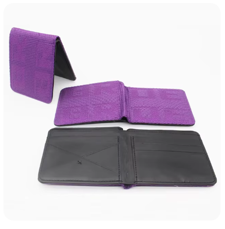 Purple textured wallet with black interior, open and closed views.