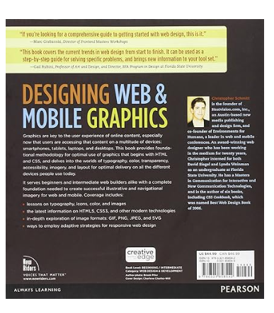 Back cover of Designing Web Mobile Graphics book by Pearson.