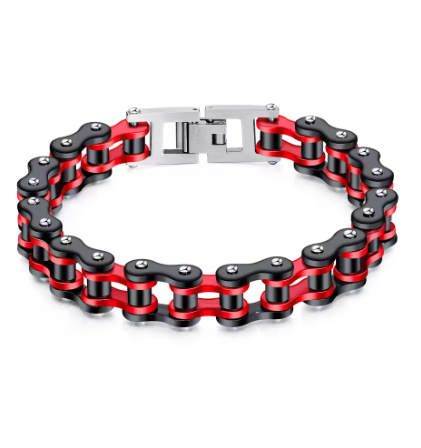 Red and black motorcycle chain bracelet with silver clasp.
