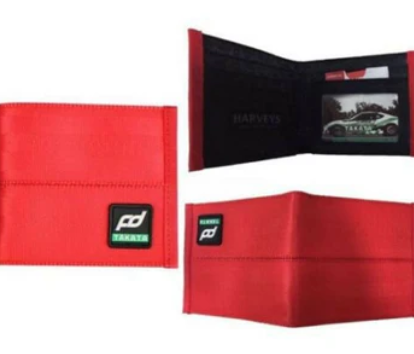 Red wallet with black interior and Harveys logo, featuring a car image.