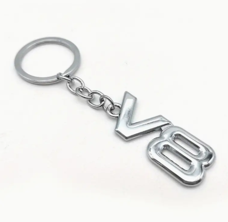 Chrome V8 keychain with circular ring and chain.