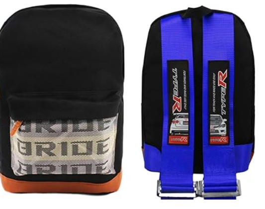 Black racing-inspired backpack with BRIDE logo and blue harness straps.