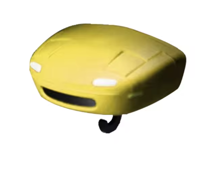 Yellow plastic car-shaped object with hook and sensor.