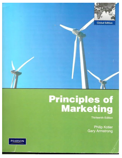 Principles of Marketing textbook cover with wind turbines and blue sky.