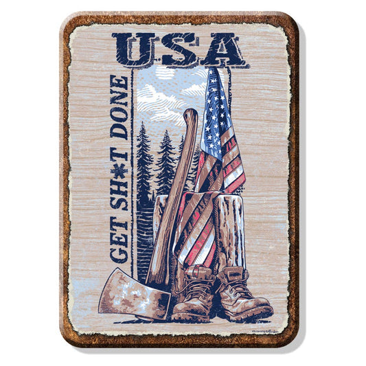USA-themed metal sign with boots, axe, and flag.
