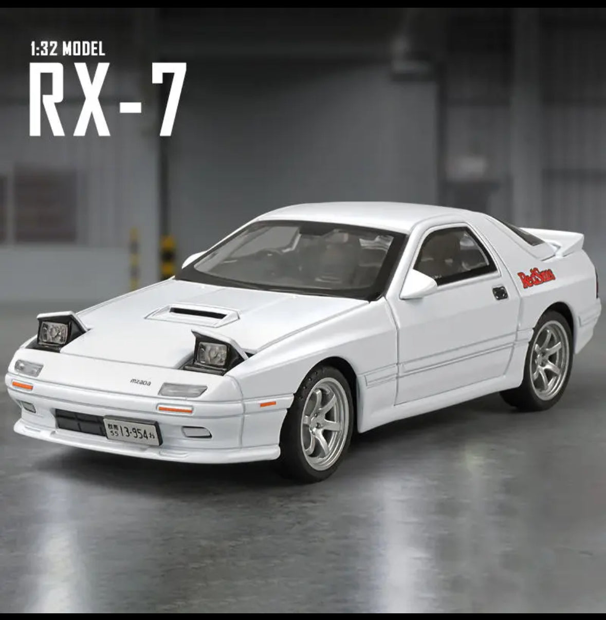 White 132 scale Mazda RX-7 model car with Redline logo.