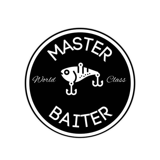 Circular sticker with Master Baiter text and fishing lure graphic.