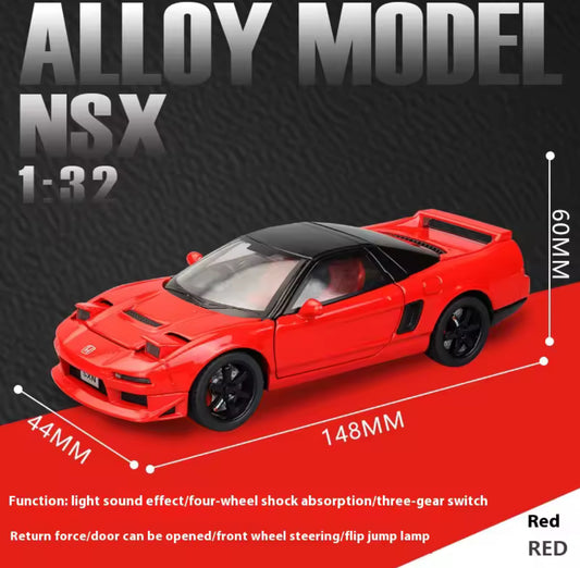 Red Honda NSX 132 alloy model car with dimensions marked.