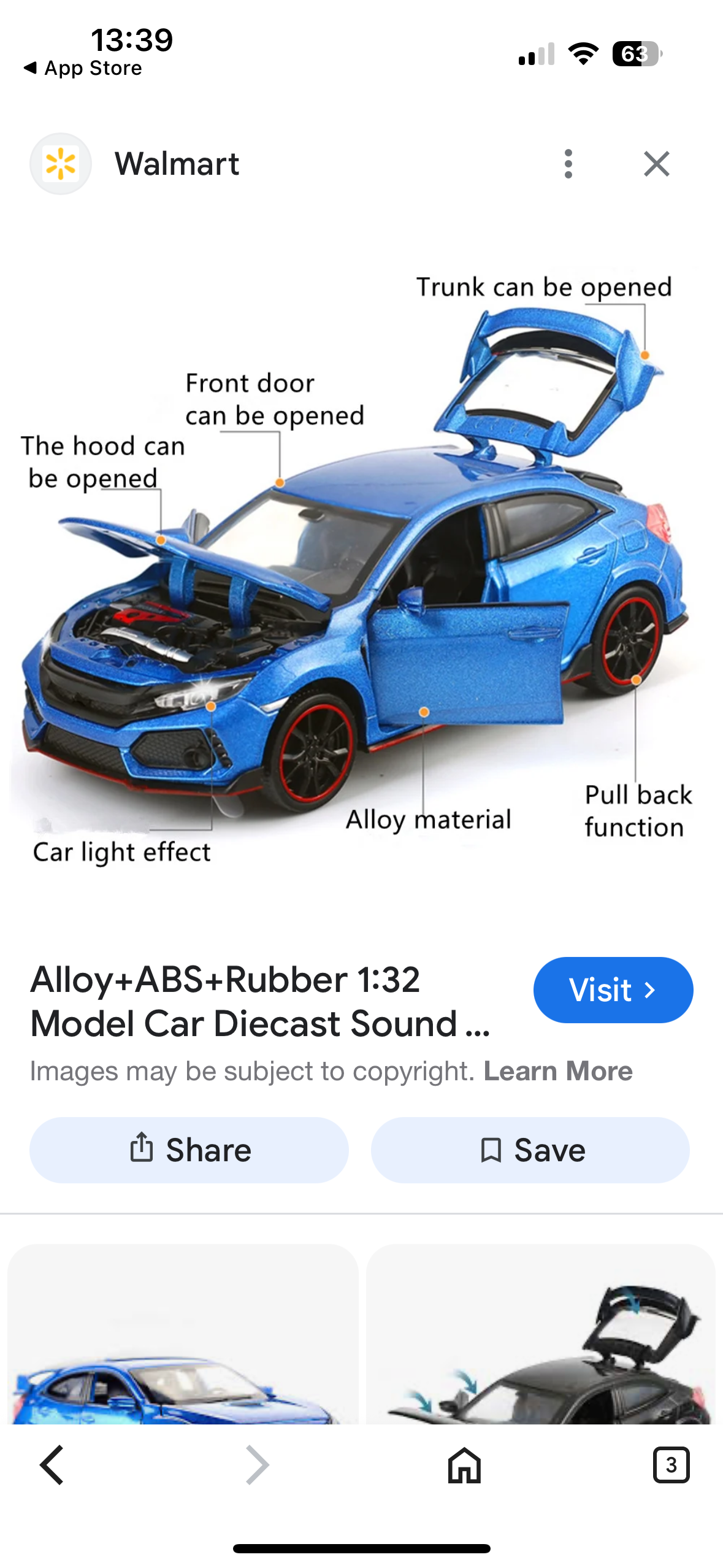 Blue diecast model car with open hood, doors, and trunk.