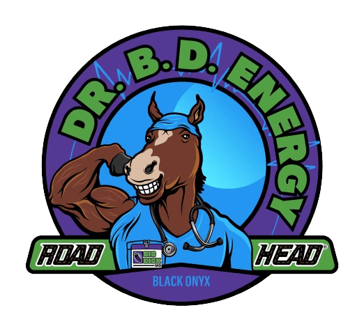 Dr. B.D. Energy sticker featuring a cartoon horse flexing with Road Head text below.