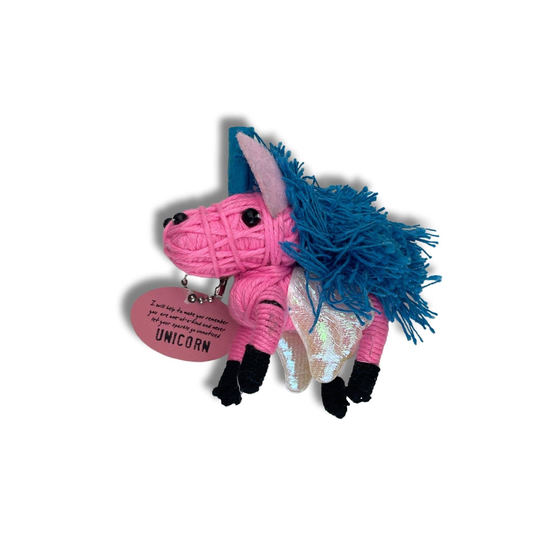 Pink yarn unicorn plush with blue mane and iridescent wings.