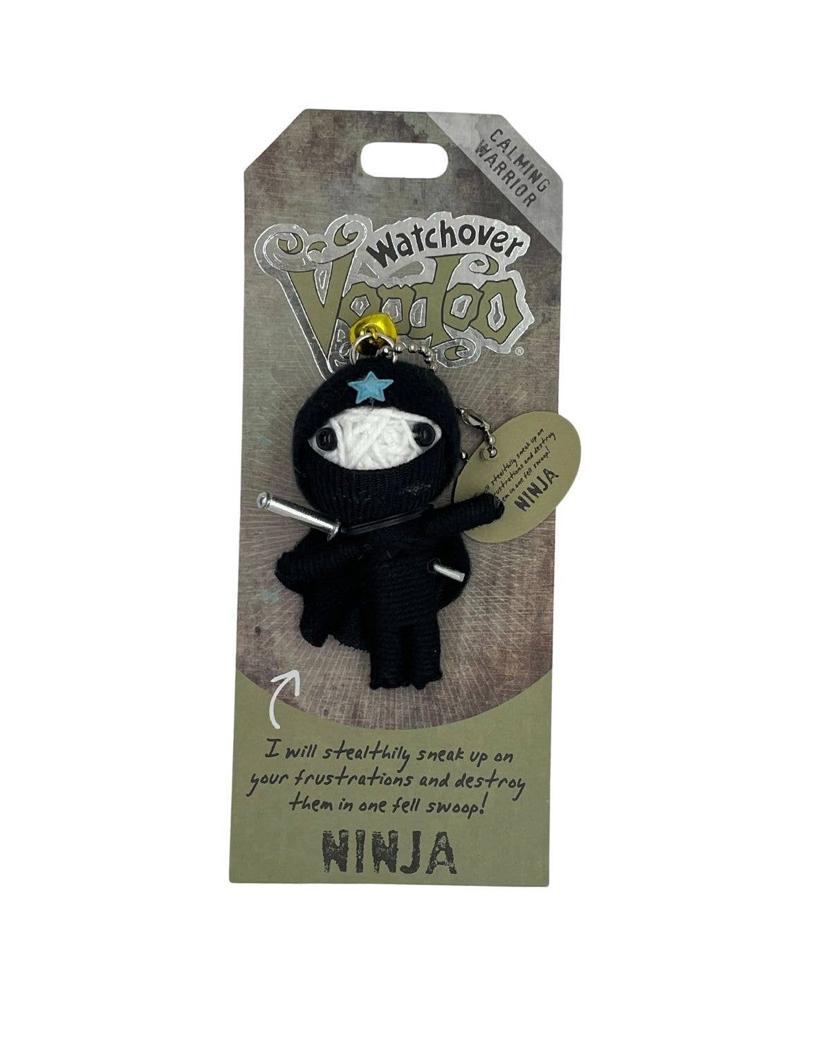 Black ninja plush keychain with star on head, packaged.