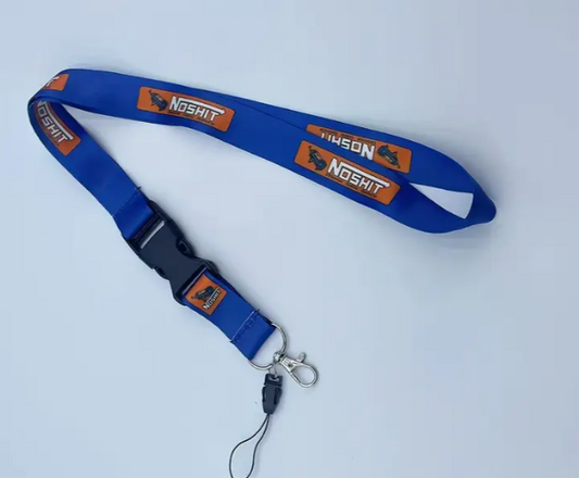 Blue lanyard with NOSHIT and logo printed on it.