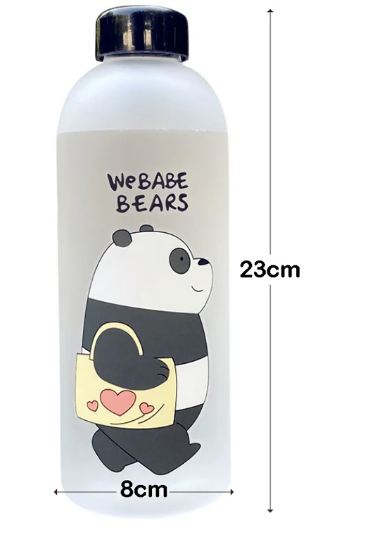 Cute panda water bottle with WeBabe Bears text, 23cm tall.