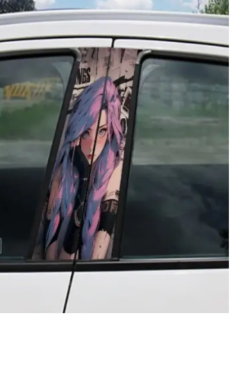 Car window with anime-style character sticker featuring blue and pink hair.