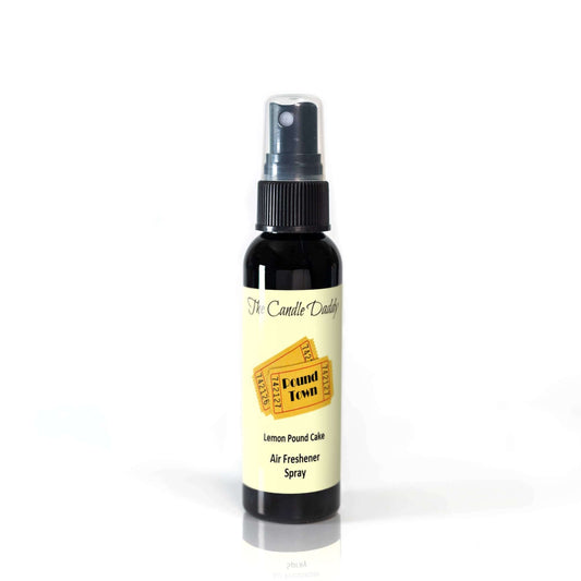Lemon Pound Cake scented air freshener spray bottle with yellow label.