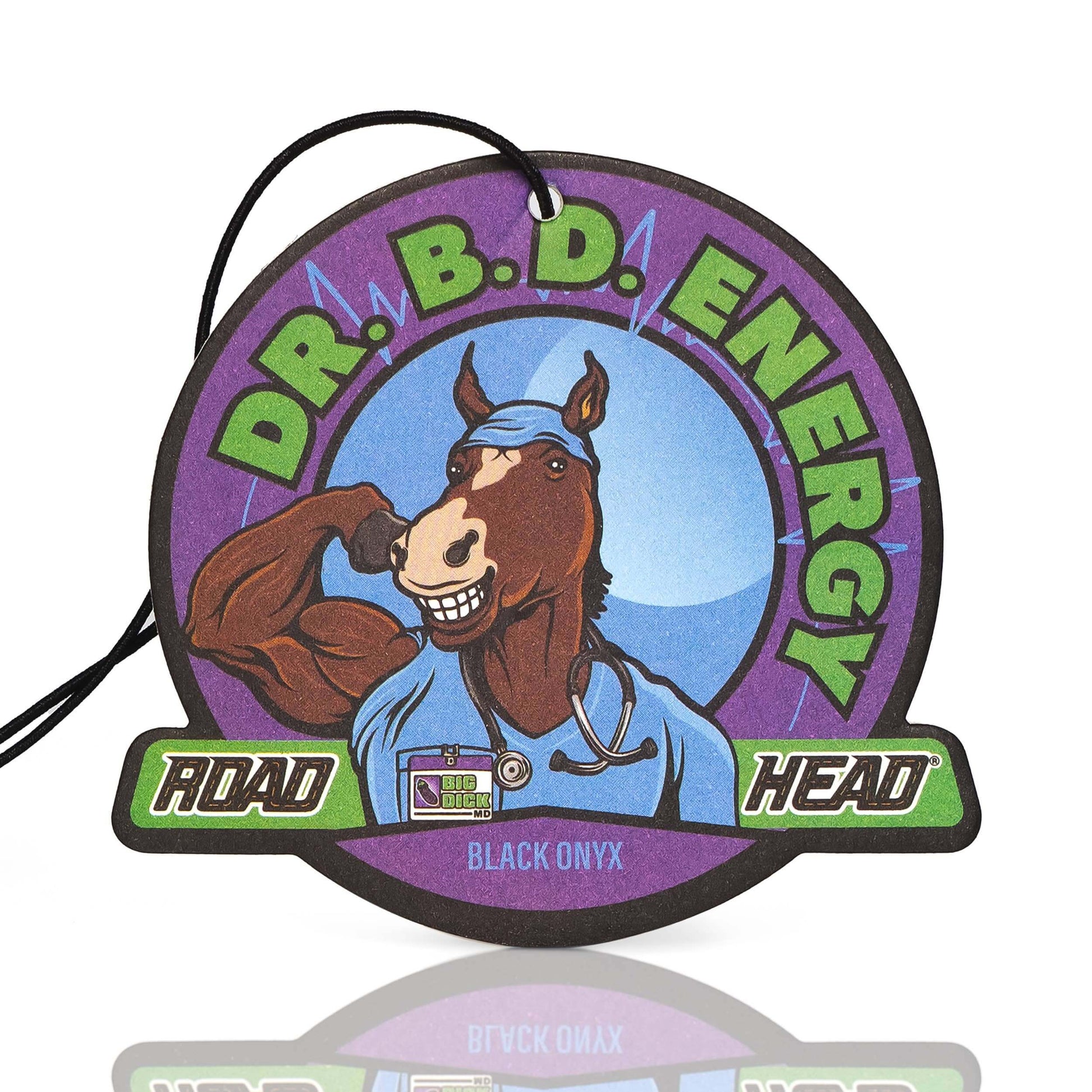 Circular air freshener with a cartoon horse labeled Dr. B.D. Energy and Road Head Black Onyx.