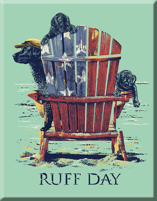 Three dogs lounging on a beach chair with Ruff Day text.