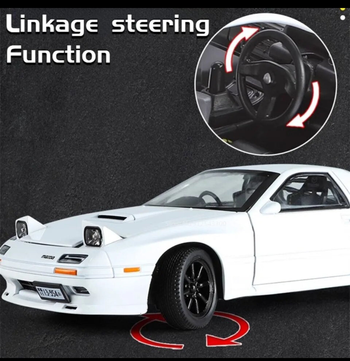 White Mazda sports car with linkage steering function demonstration.