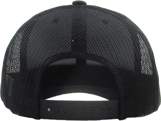 Black mesh back baseball cap with adjustable strap.