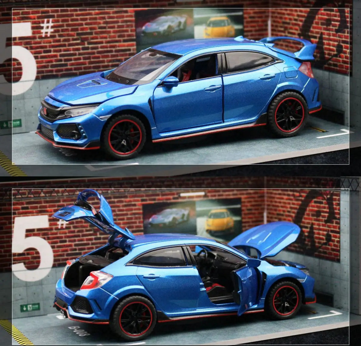 Blue die-cast model car with open doors and sporty design.