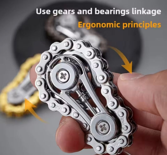 Metal gear fidget spinner with chain and bearings.