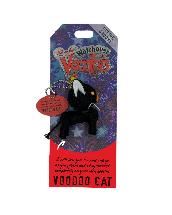 Black voodoo cat keychain with tag on colorful package.